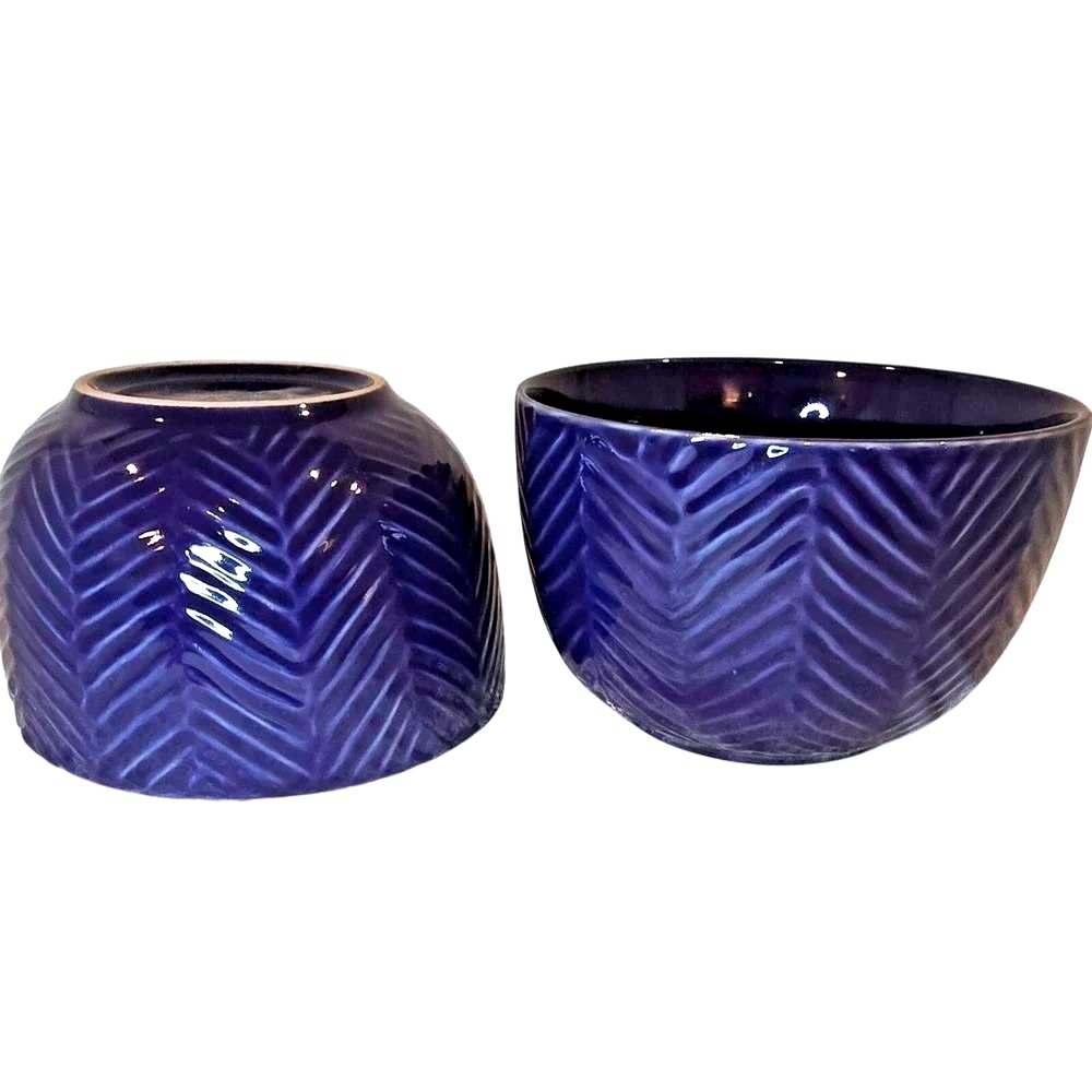 Euro Ceramica Cobalt Blue Herringbone Chevron Stoneware Bowls 6" Set of 2